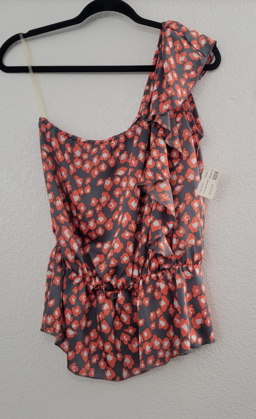 Timing Women’s Medium One Shoulder Ruffle Blouse Orange Gray Floral NWT